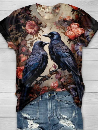 Halloween Raven Print Casual V-Neck T-Shirt