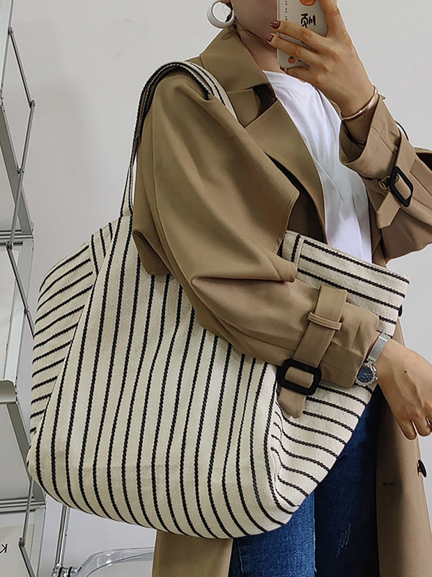 Knit Canvas Stripe Casual Shoulder Bag Women Bag