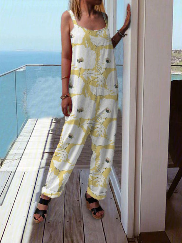 Women Summer Yellow Flower Print Sleeveless Jumpsuit