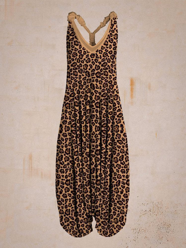 Women Leopard Pattern Sleeveless Harem Jumpsuit