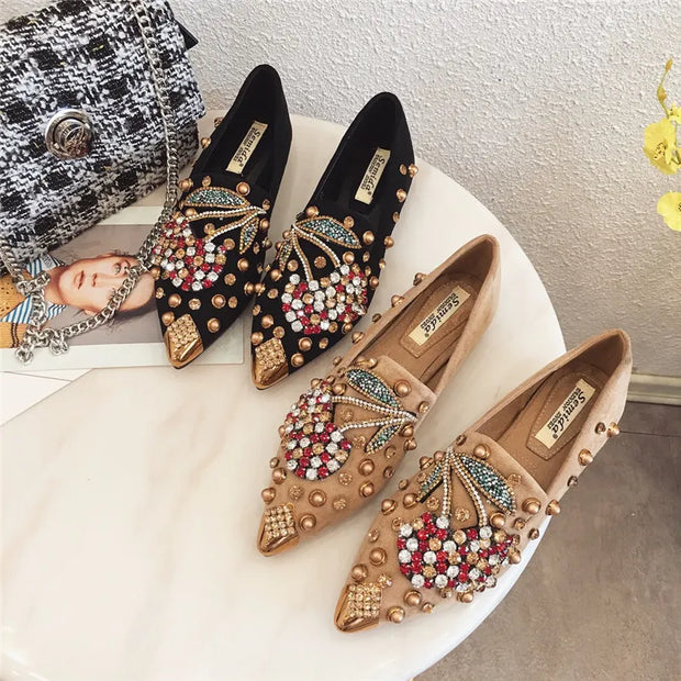 EleganteStep | Frühlingshafte Rhinestone-Kirsch Flats Schuhe