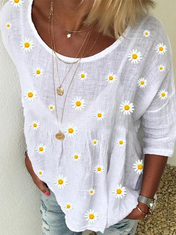 White Crew Neck Floral Shift Casual Shirts & Tops