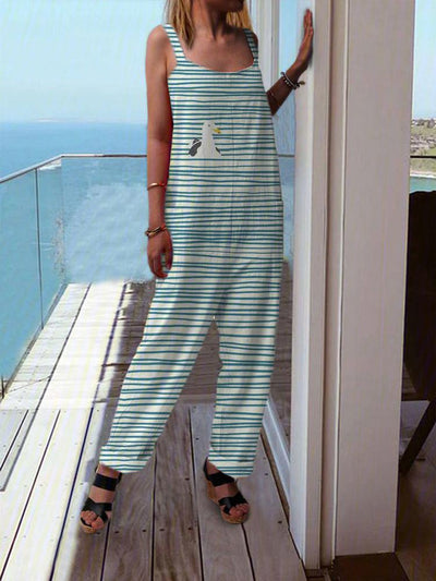 Women Summer Blue Stripe and Sea Gull Print Sleeveless Jumpsuit