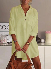 Ladies cotton and linen casual solid color lapel long sleeve V-neck shirt