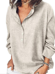 Women's cotton and linen solid color button shirt