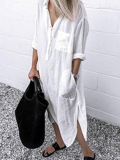 Cotton and linen solid color slit dress simple button long shirt skirt
