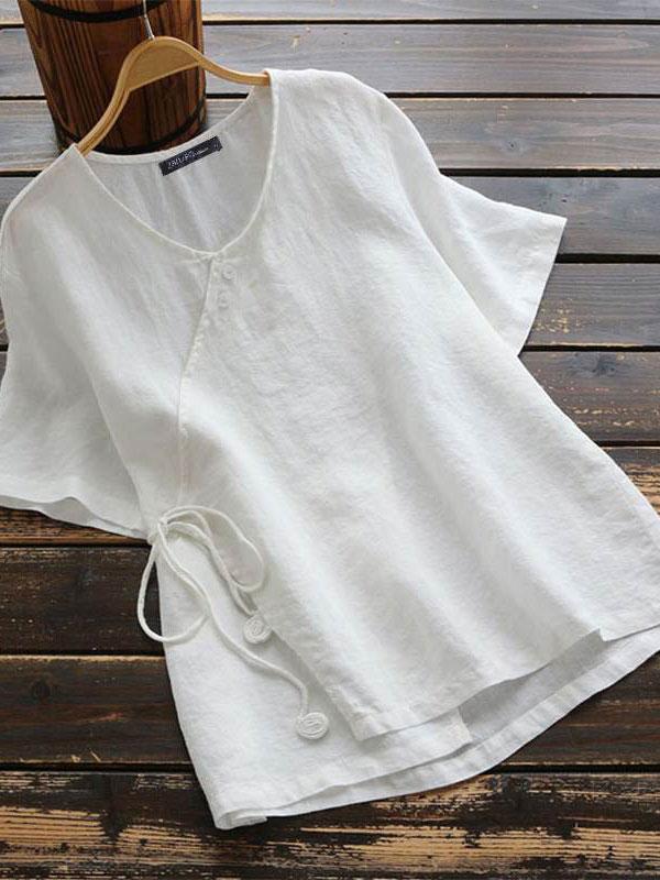 Woman's Plus Size Cotton and Linen Solid Color Ethnic Tee