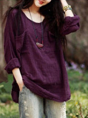 Cotton And Linen Solid Dual Pocket Loose Blouse