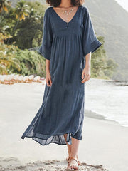 Fashion solid color loose cotton and linen dress