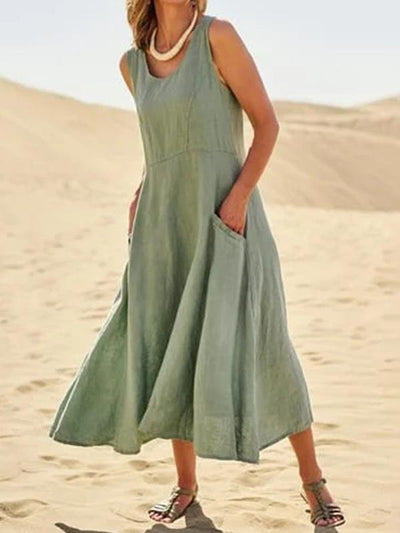 Cotton And Linen Solid Dual Pocket Sleeveless Casual Maxi Shift Dress