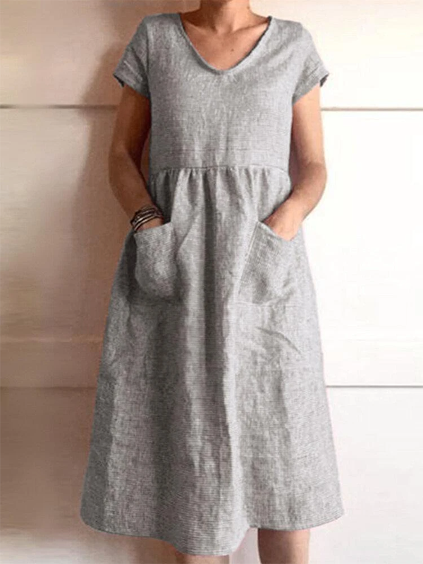 Ladies short sleeve V-neck pocket cotton and linen dress