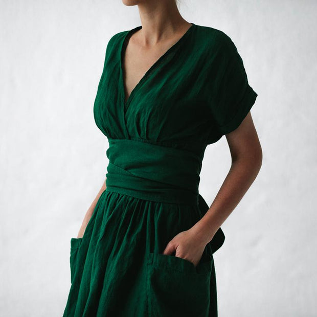 Sexy V-neck cotton and linen belt high waist short sleeve dress
