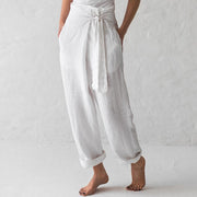 Casual solid color high waist belt solid color cotton and linen casual pants