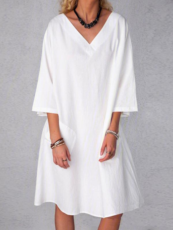Women's Pure Color V-Neck Cotton And Linen Dress