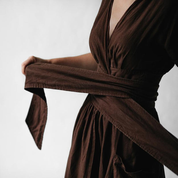 Sexy V-neck cotton and linen belt high waist short sleeve dress