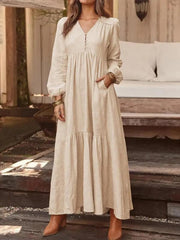 Ladies cotton and linen casual long sleeve dress