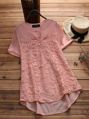 Ladies V-neck lace embroidered stitching pullover short sleeve shirt