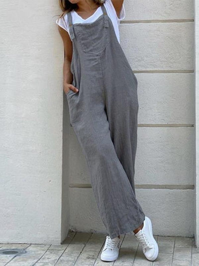 Women's Linen Strap Solid Color Long Jumpsuit