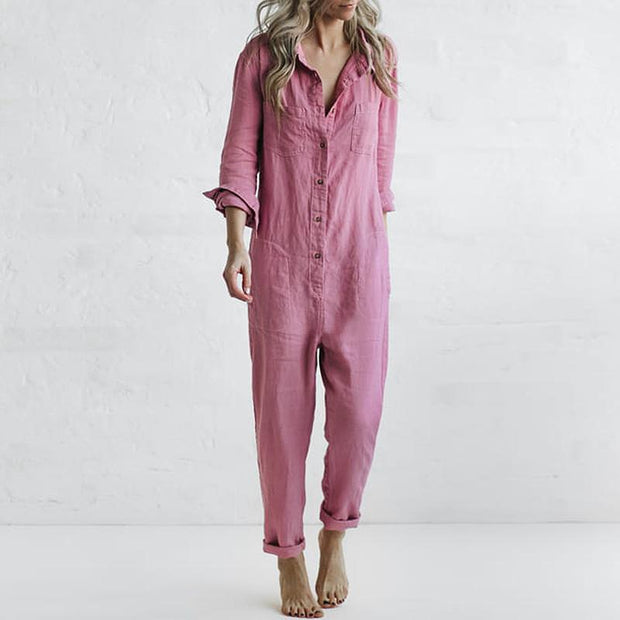 Casual lapel pocket long sleeve solid color cotton and linen jumpsuit