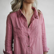 Casual lapel pocket long sleeve solid color cotton and linen jumpsuit