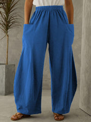 Ladies cotton and linen solid color pocket elastic waist casual trousers