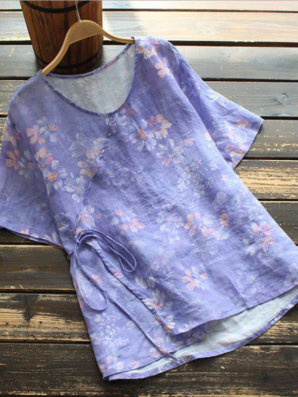 Ladies Retro Lace-up Printed Cotton and Linen Top