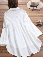 Ladies Cotton Linen Mid-length Irregular Printed Long Sleeve Lapel Large Size Shirt