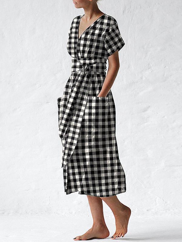 Dress Checkered conventional Splice Micro-elasticity Cotton Linen Spring Summer Autumn Casual