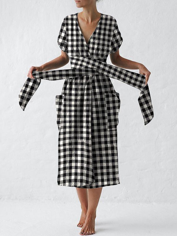 Dress Checkered conventional Splice Micro-elasticity Cotton Linen Spring Summer Autumn Casual