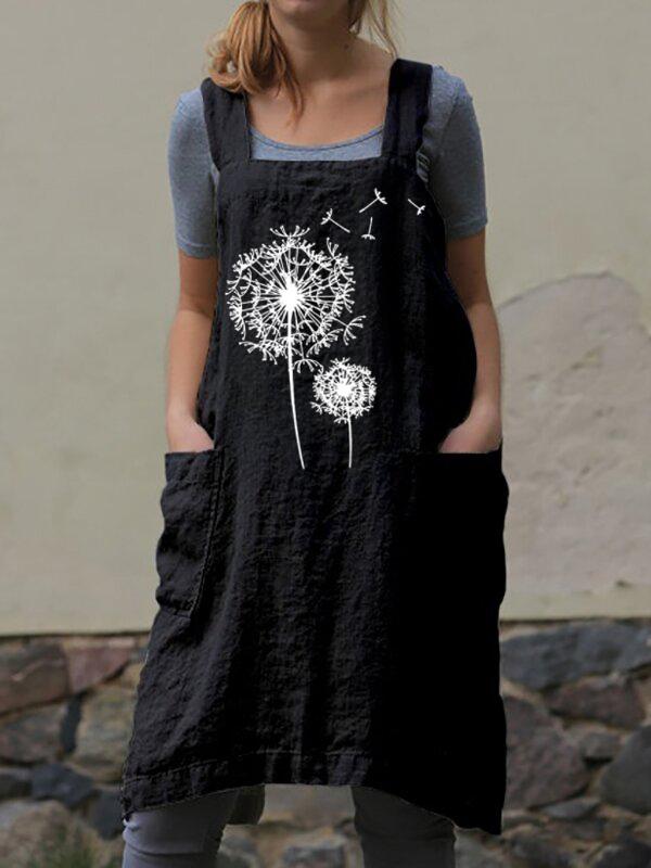 Female personality printed cotton and linen apron loose linen long dress