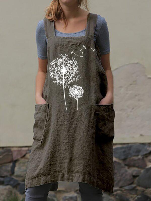 Female personality printed cotton and linen apron loose linen long dress