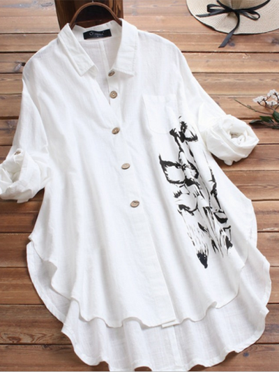 Ladies Cotton Linen Mid-length Irregular Printed Long Sleeve Lapel Large Size Shirt