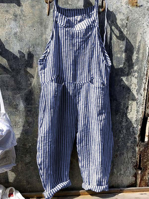 Women's cotton and linen striped lace-up jumpsuit