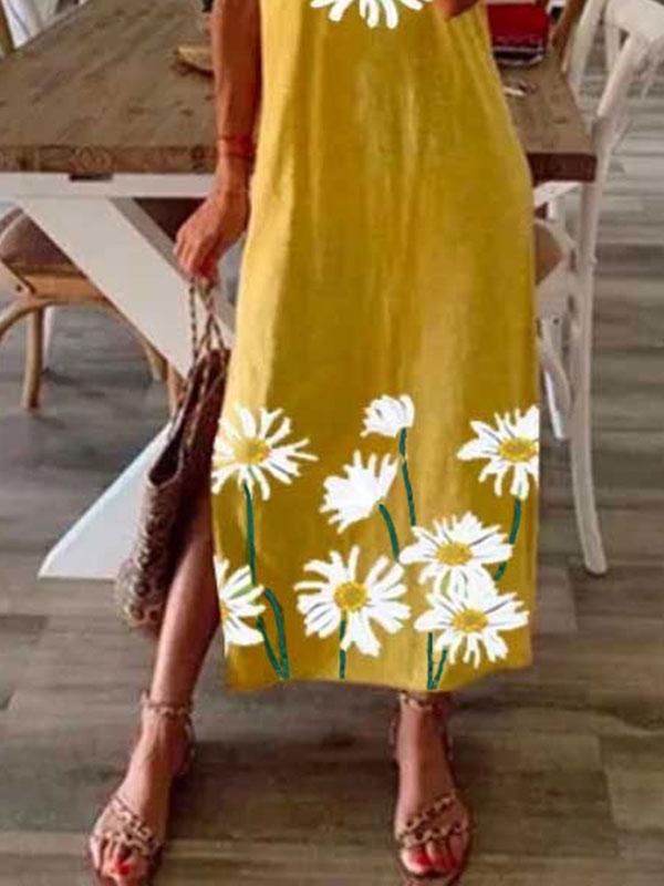 Women's hem split daisy print dress
