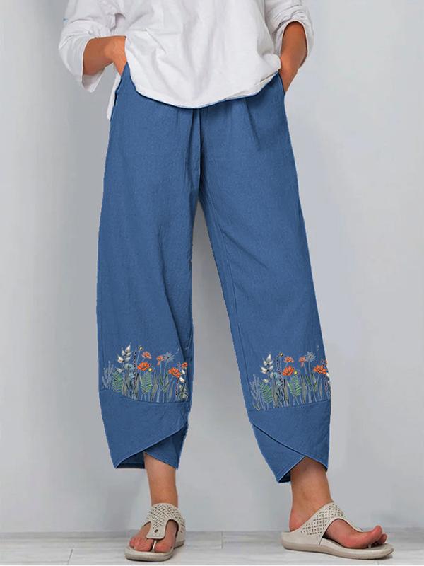 Fashion Loose And Irregular Printed Cotton And Linen Trousers