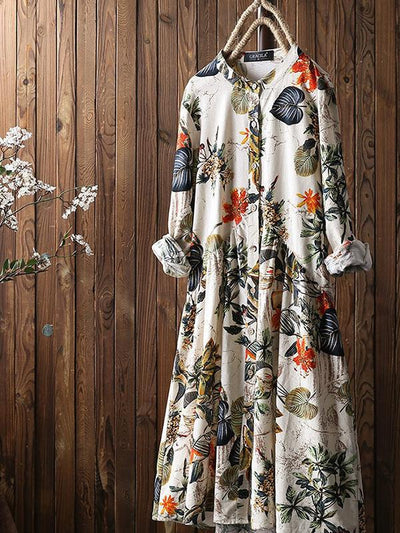 Leaves Floral Pleated Vintage Cotton Linen Dress