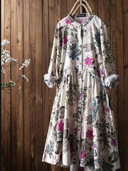 Leaves Floral Pleated Vintage Cotton Linen Dress