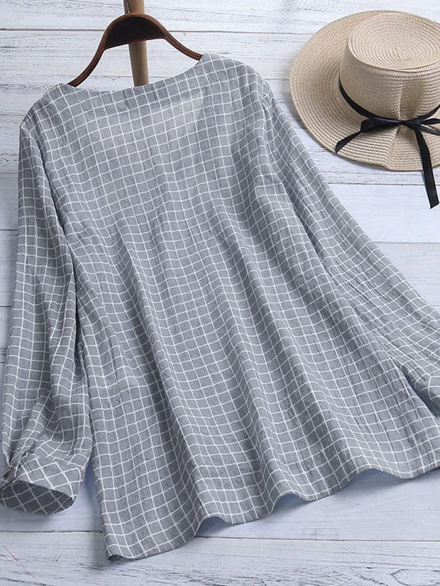 Cotton Linen Plaid Long Sleeves Shirt