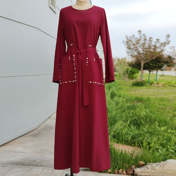 Round Neck Long Sleeve Drill Pocket Abaya