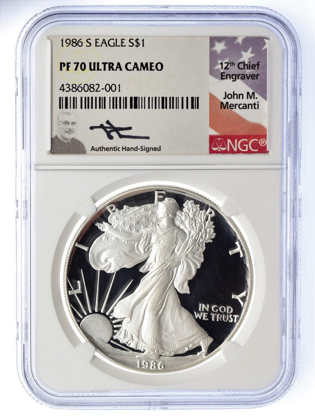 1986 S $1 Proof Silver Eagle PF 70 NGC Ultra Cameo Mercanti Signed