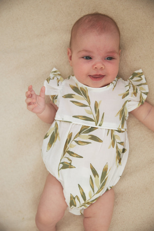Baby Girls Romper - Washed Cotton - Olive Leaf