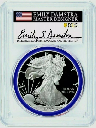 2022-W $1 Proof Silver Eagle PCGS PR70 First Day of Issue Congratulations Set Emily Damstra Mint Designer Series