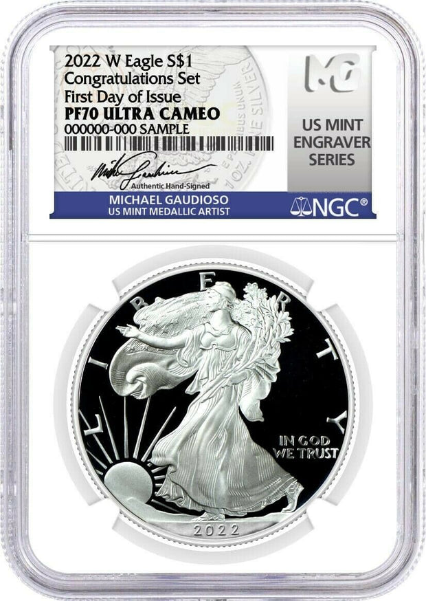 2022-W $1 Proof Silver Eagle NGC PF70 First Day of Issue Congratulations Set Michael Gaudioso Mint Engraver Series