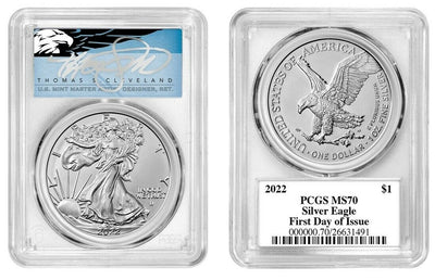 2022 $1 Silver Eagle PCGS MS70 First Day of Issue Thomas Cleveland Blue Eagle Label