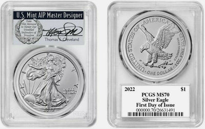 2022 $1 Silver Eagle PCGS MS70 First Day of Issue Thomas Cleveland Vets Pop 100