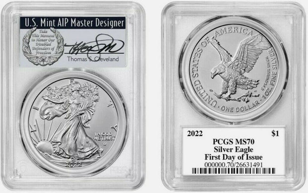 2022 $1 Silver Eagle PCGS MS70 First Day of Issue Thomas Cleveland Vets Pop 100