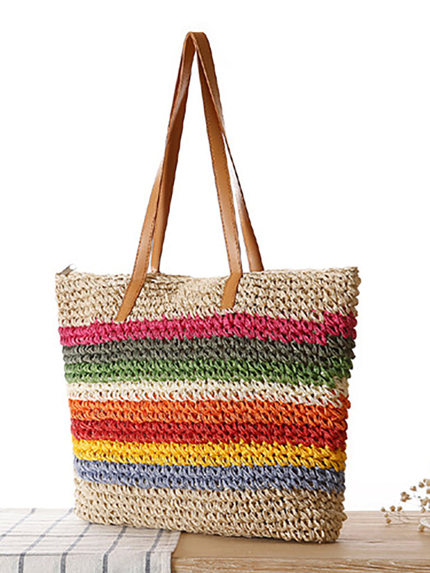 Stripe Casual Women Straw Woven Shoulder Bag