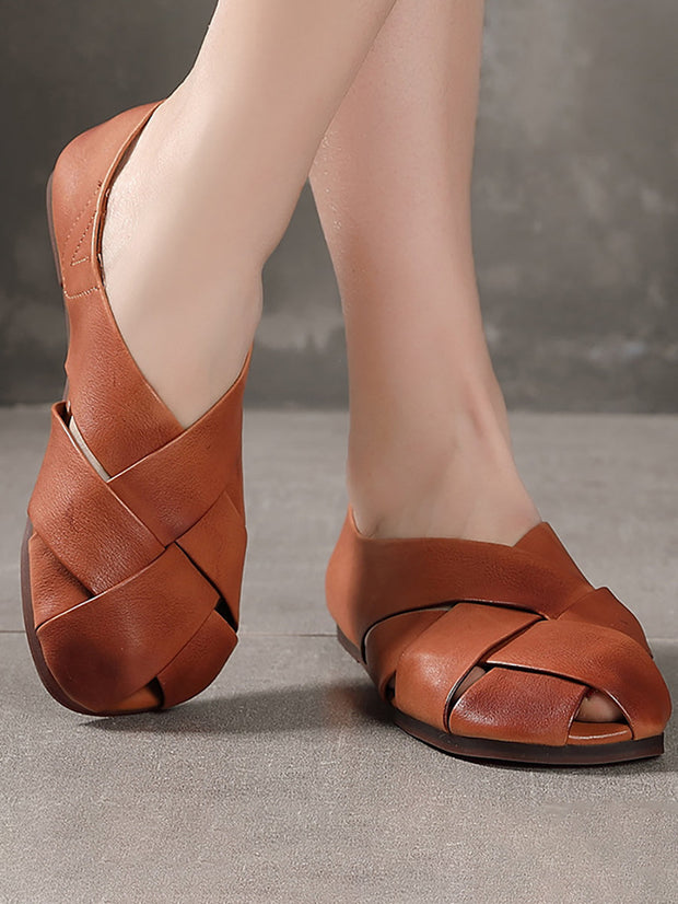 Spring Summer Solid Color Leather Round Toe Flat Shoes