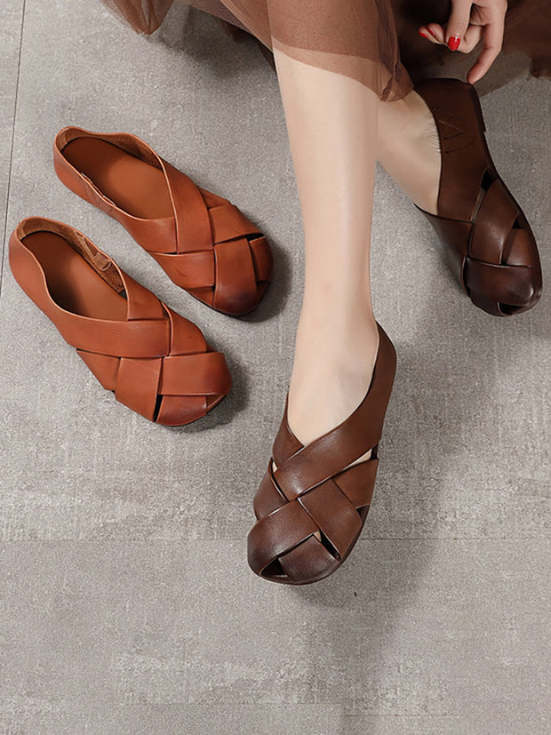 Spring Summer Solid Color Leather Round Toe Flat Shoes