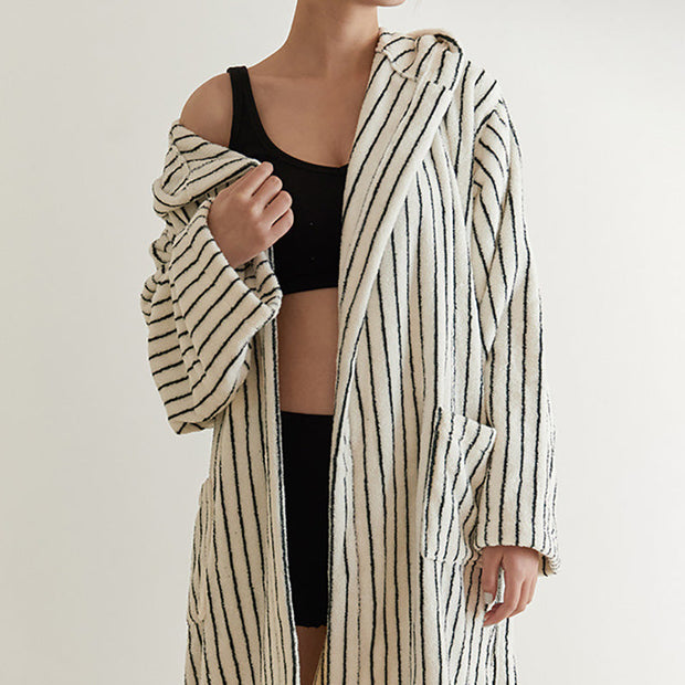 Stripe Breathable Cotton Gauze Long Sleeve Autumn Winter Warm Bathrobe Absorbent Bathrobe Robe